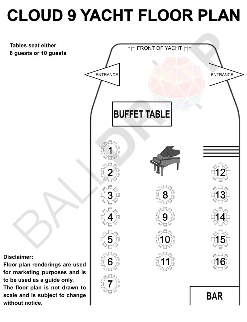 Floor plan of the Cloud 9 yacht showing 16 numbered tables, buffet table, piano, bar and two entrances