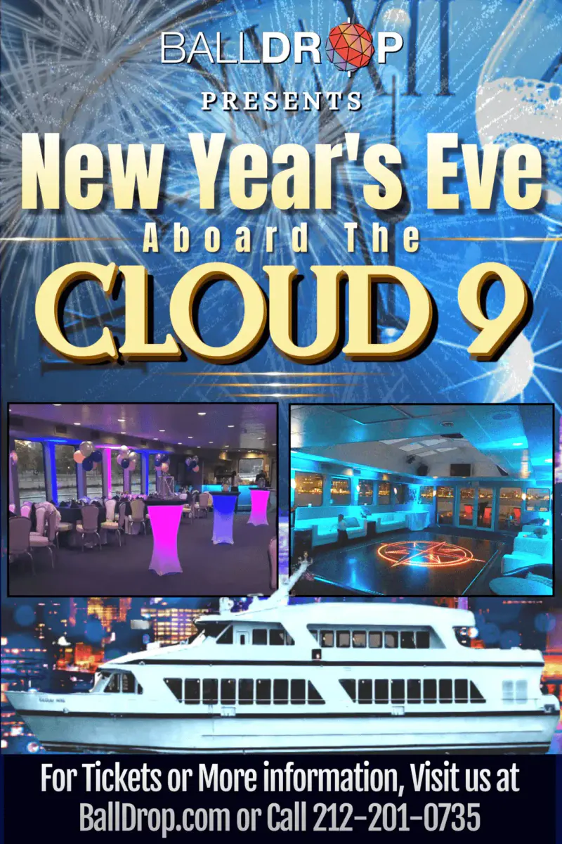Flyer for New Year's Eve aboard the Cloud 9 yacht with photos of the dining deck, lit dance floor and boat