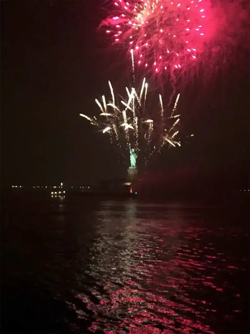 Pink and gold fireworks bursting over the Statue of Liberty and harbor water seen from a NYC party cruise
