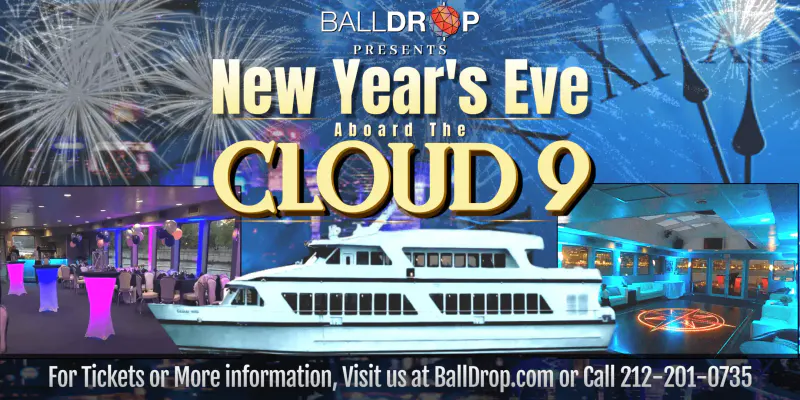 Flyer for New Year's Eve aboard the Cloud 9 yacht with fireworks, the white boat, and lit interior decks