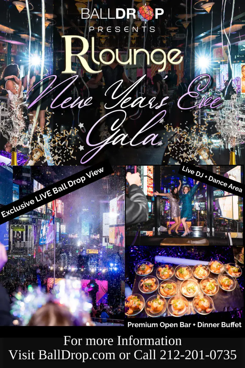 Flyer for the R Lounge New Year's Eve Gala with Times Square ball drop view, dancing guests and shrimp cocktails