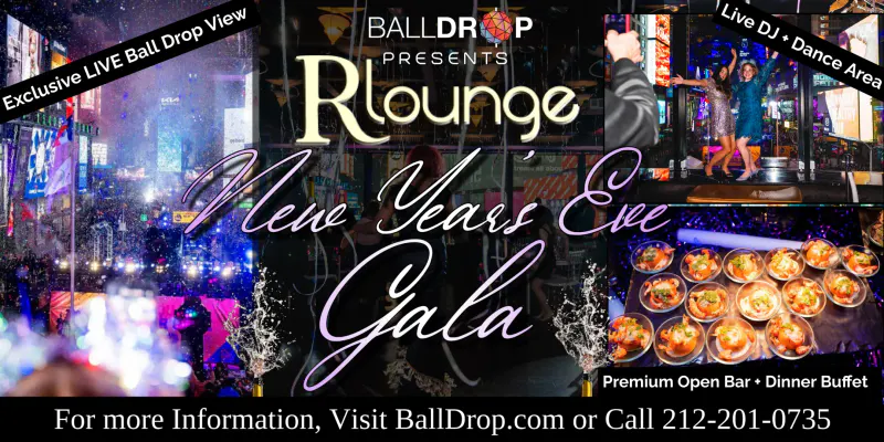 Flyer for the R Lounge New Year's Eve Gala with Times Square crowd, dancing guests and buffet appetizers