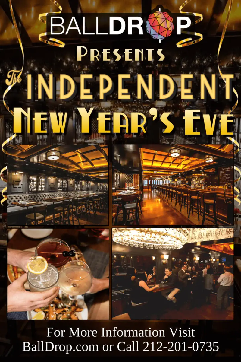 Flyer for The Independent NYC New Year's Eve party with photos of the dining room, wood bar, cocktail toast and crowd