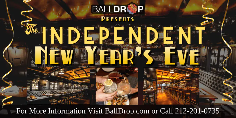 Flyer for The Independent NYC New Year's Eve party with gold streamers and photos of the bar, lounge seating and a cocktail