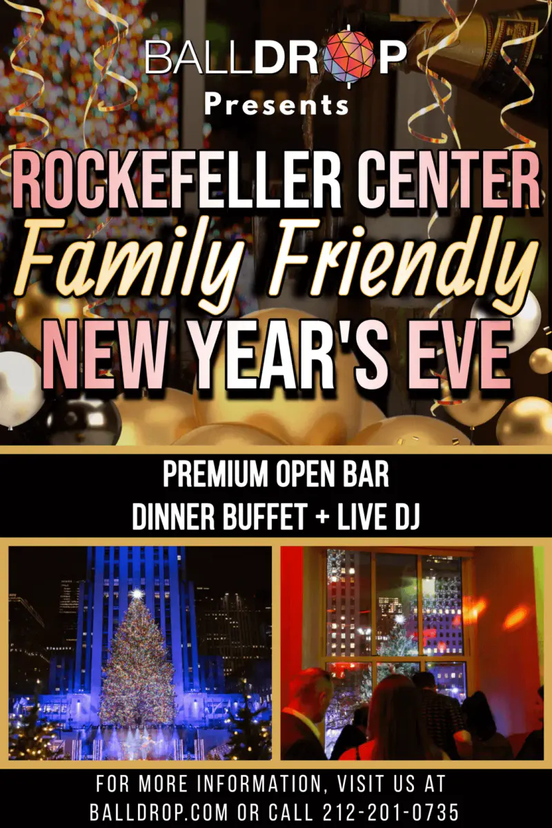 Flyer for the Rockefeller Center family friendly New Year's Eve party with open bar, dinner buffet and live DJ, showing the