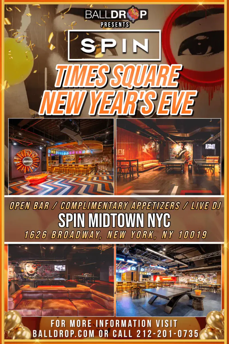 Flyer for the Spin NYC Times Square New Year's Eve party with photos of the bar, lounge and ping pong tables