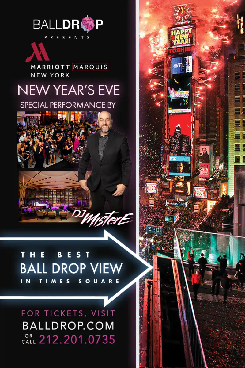 Flyer for the Marriott Marquis New Year's Eve gala with DJ Mister E, party crowd photos and Times Square ball drop view