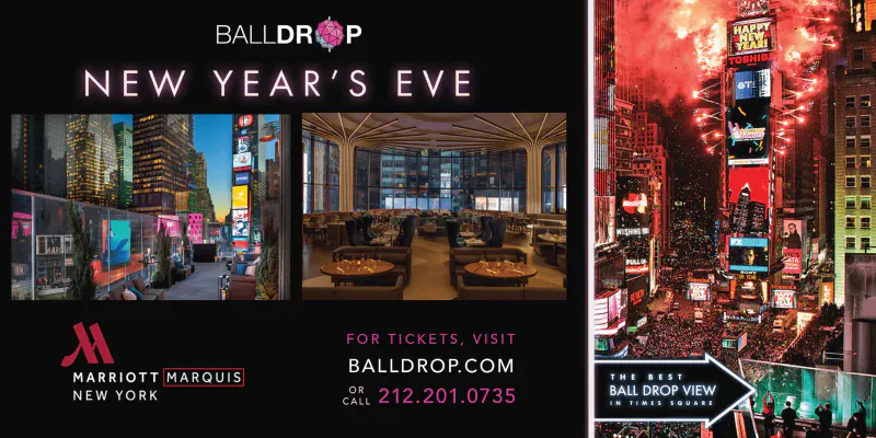 Flyer for the Marriott Marquis New Year's Eve gala with lounge interiors and fireworks over the Times Square crowd