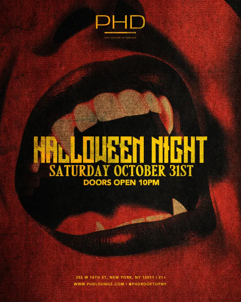 Flyer for Halloween Night at PHD Rooftop Lounge with a red vampire mouth and fangs