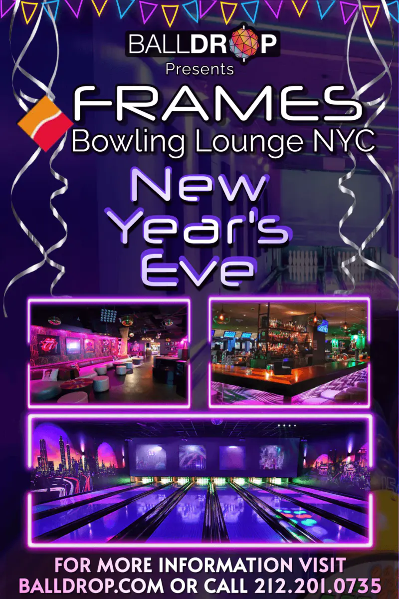 Flyer for Frames Bowling Lounge New Year's Eve party with neon lounge, bar and glowing bowling lanes photos