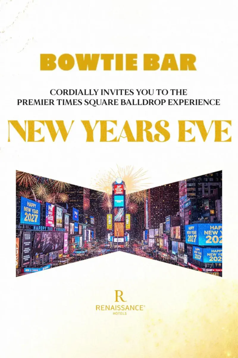 Flyer for Bowtie Bar New Year's Eve at Renaissance Times Square with gold text and Times Square billboards and fireworks