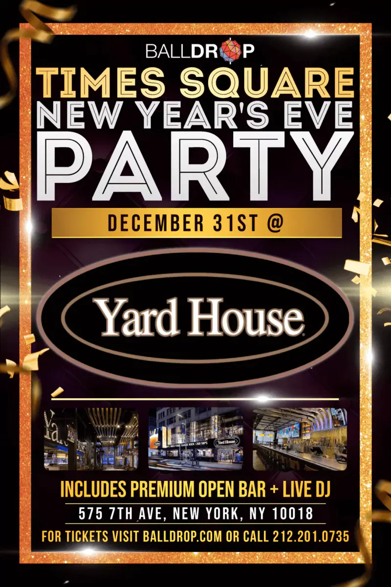 Flyer for the Yard House Times Square New Year's Eve party with gold confetti border and interior photos, premium open bar