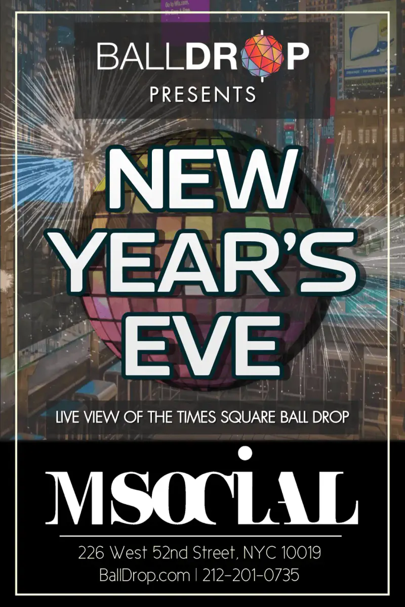 Flyer for M Social New Year's Eve in Times Square with disco ball, fireworks and live ball drop view