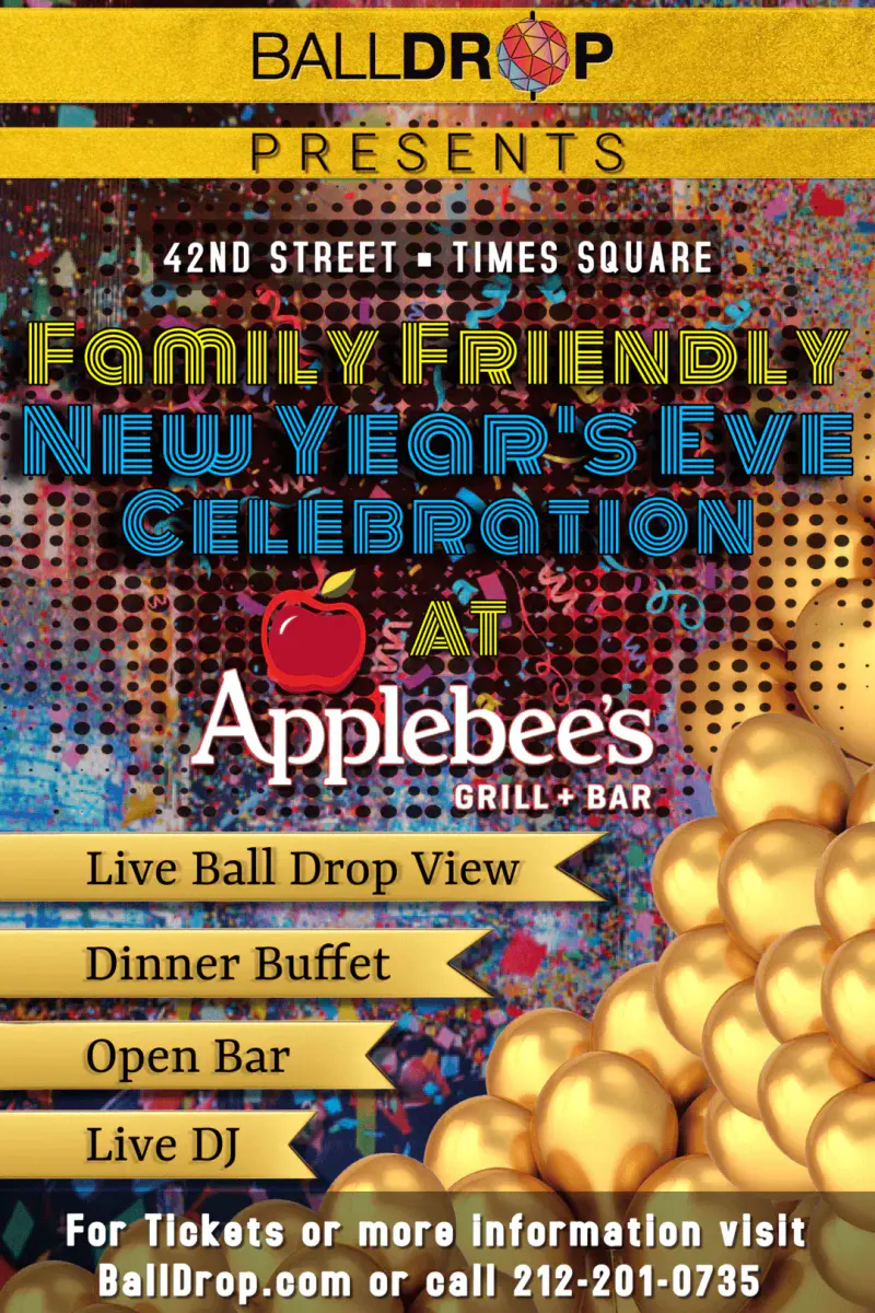 Flyer for the family friendly New Year's Eve celebration at Applebee's on 42nd Street in Times Square, with gold balloons and