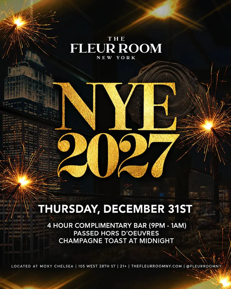 Flyer for New Year's Eve at The Fleur Room with gold lettering, sparklers and a nighttime Manhattan skyline
