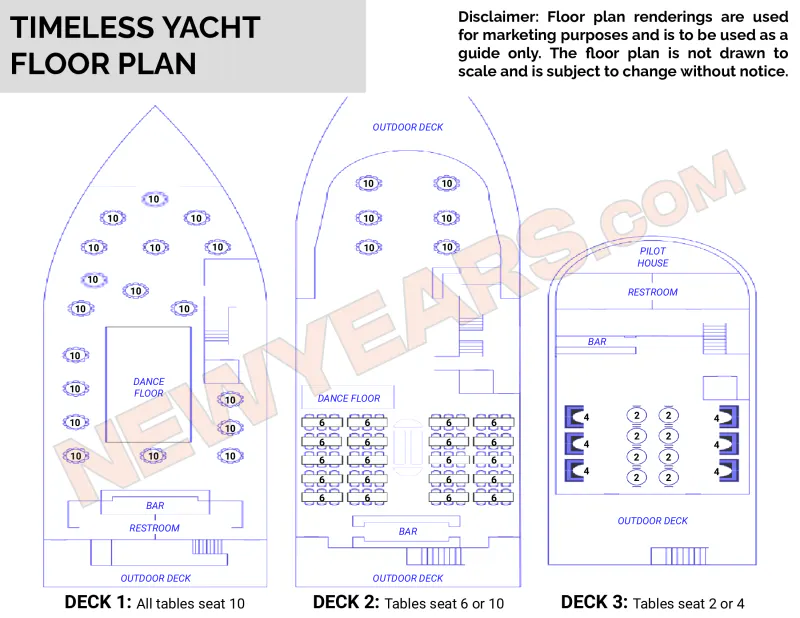 Floor plan of the Timeless yacht showing three decks with dance floors, bars, tables and outdoor decks