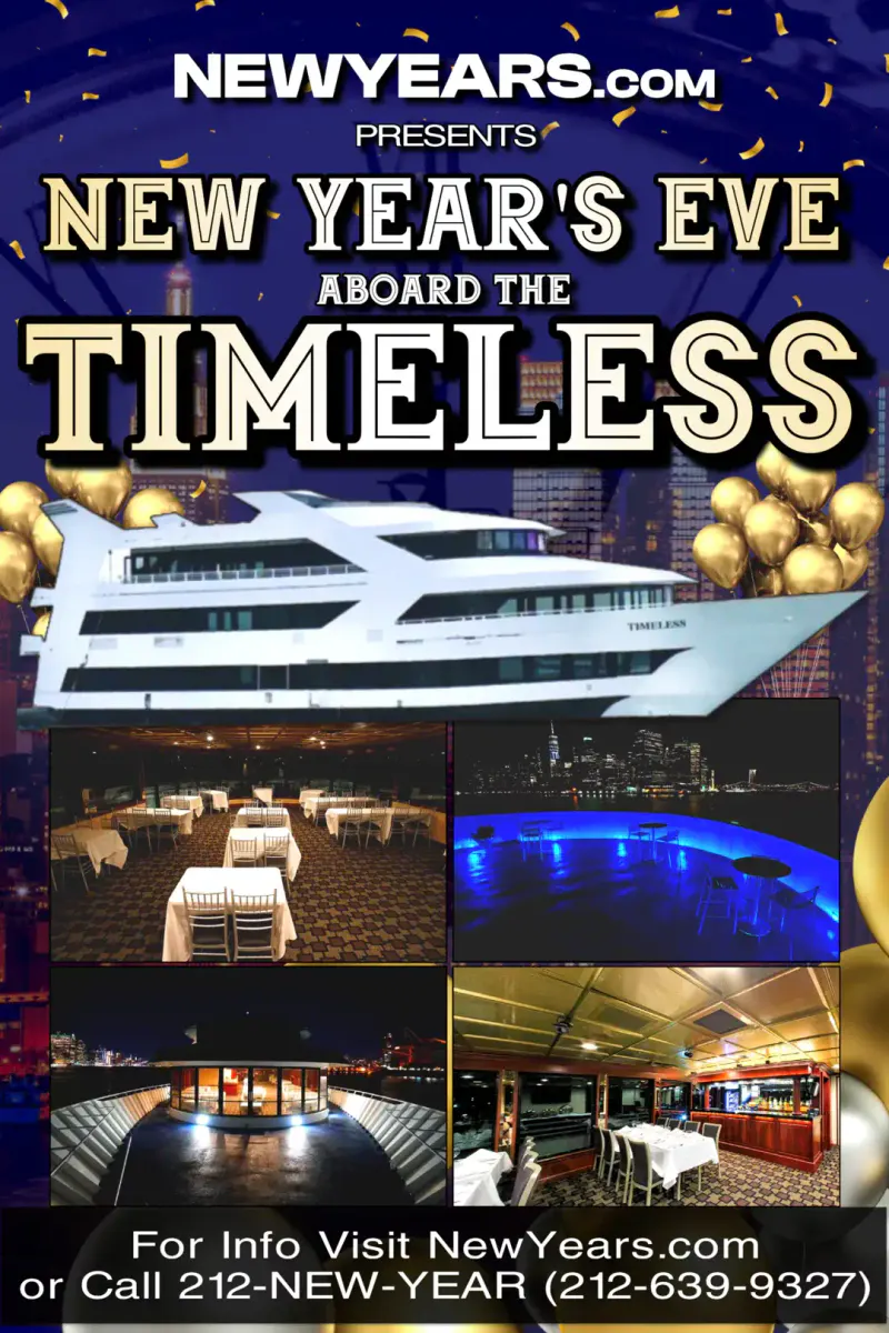 Flyer for New Year's Eve aboard the Timeless yacht with photos of the boat, dining tables, bar and lit deck