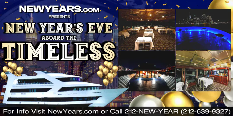 Flyer for New Year's Eve aboard the Timeless yacht with photos of dining decks, blue-lit bar and NYC skyline