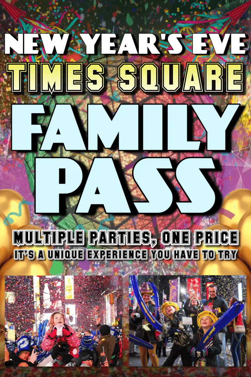 Flyer for the Times Square Family Pass on New Year's Eve with photos of kids in party hats amid confetti