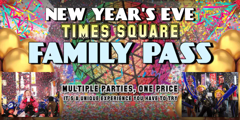 Flyer for the New Year's Eve Times Square Family Pass with confetti, gold balloons and photos of kids celebrating