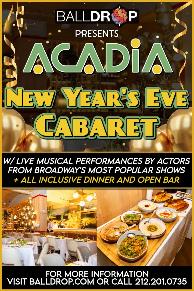 Flyer for the Acadia New Year's Eve Cabaret with gold balloons, photos of set dining tables and shared dishes