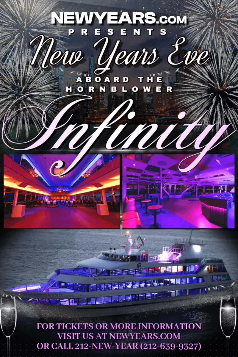 Flyer for the Hornblower Infinity New Year's Eve party cruise with fireworks, lit interior decks and the yacht on the water