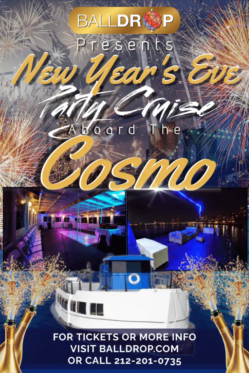 Flyer for the Cosmo NYC New Year's Eve party cruise with fireworks, champagne bottles, the boat and lit interior deck
