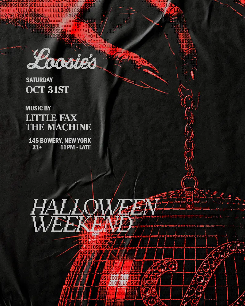 Flyer for Halloween Weekend at Loosie's with red claw and hanging cage artwork and DJ lineup
