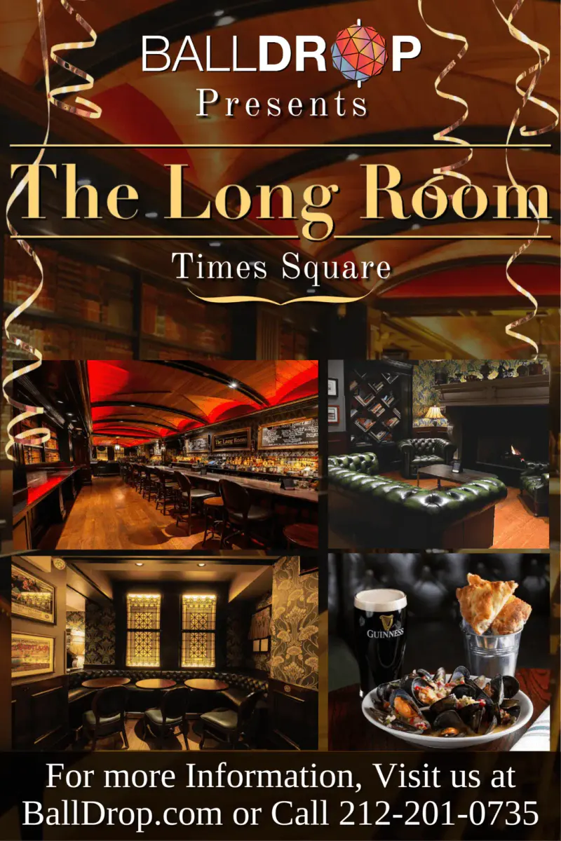 Flyer for The Long Room Times Square New Year's Eve with photos of the bar, leather lounge booths and mussels with a stout