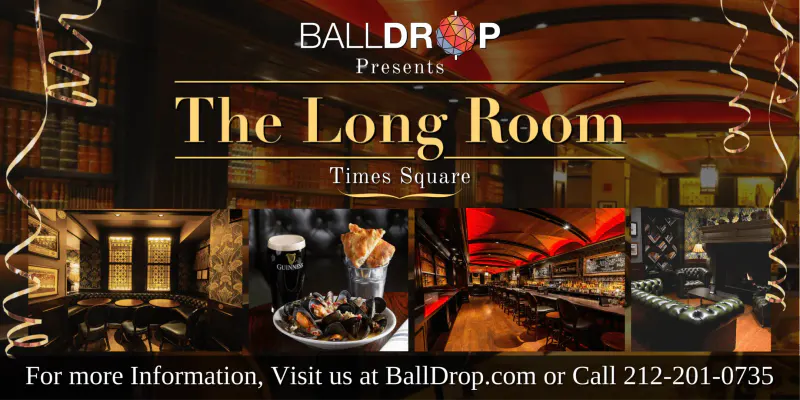 Flyer for The Long Room Times Square New Year's Eve with photos of the bar, lounge seating, beer and mussels