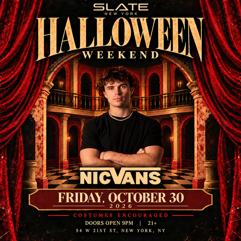Flyer for Halloween Weekend at Slate NY with DJ Nic Vans, red curtains and a gothic ballroom backdrop