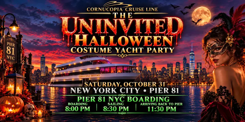 Flyer for the Uninvited Halloween costume yacht party with lit yacht, NYC skyline, masked woman, pumpkins and bats