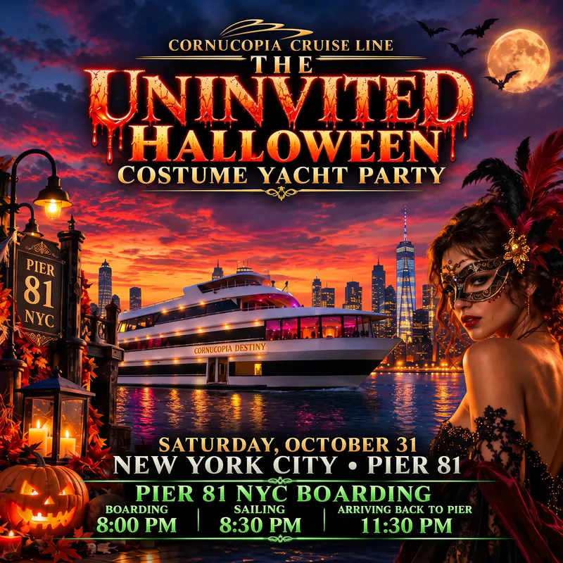 Flyer for the Uninvited Halloween costume yacht party with a masked woman, yacht and NYC skyline at sunset