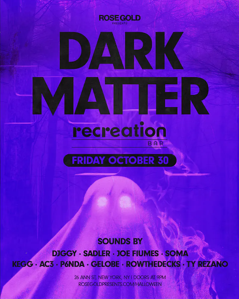 Flyer for Dark Matter Halloween party at Recreation Bar with a glowing purple ghost and DJ lineup