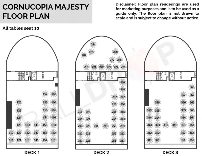 Floor plan of the Cornucopia Majesty yacht showing numbered ten-seat tables across decks 1, 2 and 3