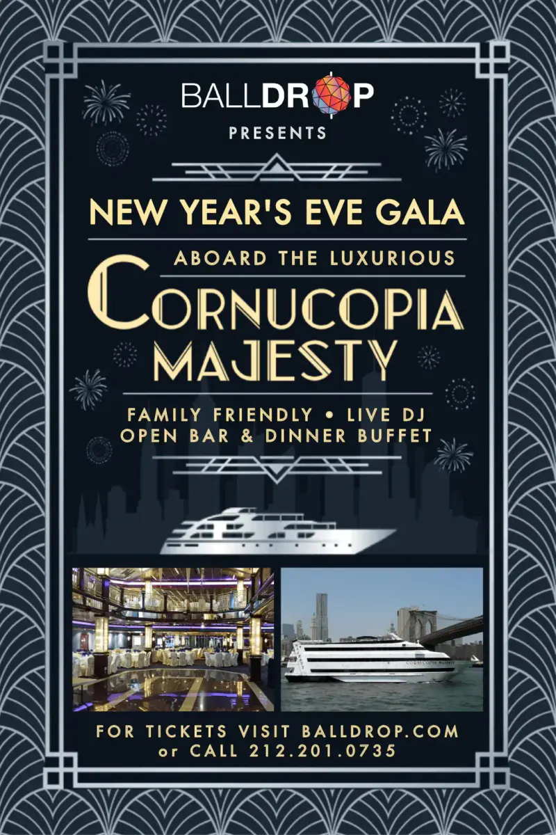 Art deco flyer for the New Year's Eve gala aboard the Cornucopia Majesty yacht with photos of the dining deck and boat