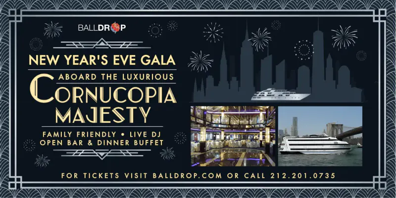 Flyer for the Cornucopia Majesty New Year's Eve gala party cruise with skyline, fireworks and yacht interior photos