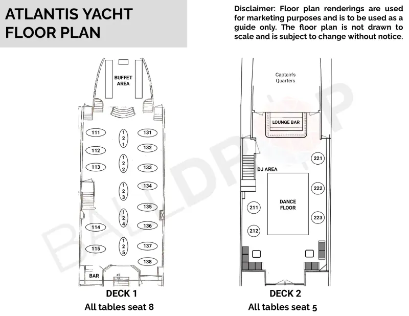 Floor plan of the Atlantis Yacht showing Deck 1 table numbers with buffet and bar, and Deck 2 dance floor, DJ area and lounge
