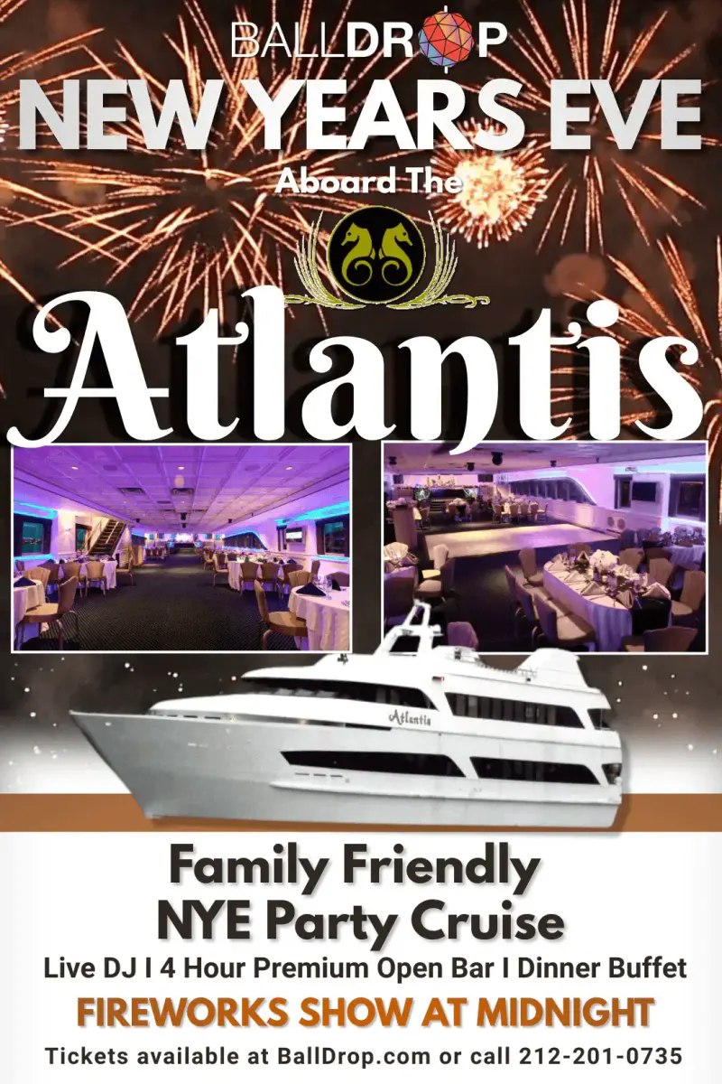 Flyer for the Atlantis Yacht New Year's Eve party cruise with fireworks, the yacht and dining decks set with tables