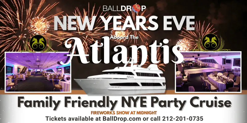 Flyer for the Atlantis Yacht family friendly New Year's Eve party cruise with fireworks and dining room interiors