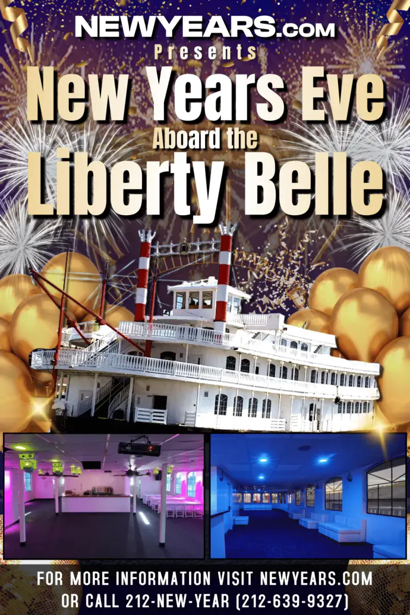Flyer for the Liberty Belle NYC New Year's Eve party cruise with the paddlewheel boat, fireworks, gold balloons and lit