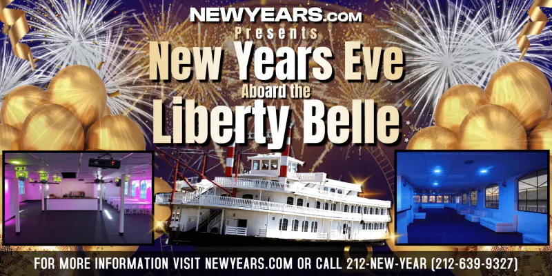 Flyer for the Liberty Belle New Year's Eve party cruise with fireworks, gold balloons and interior deck photos