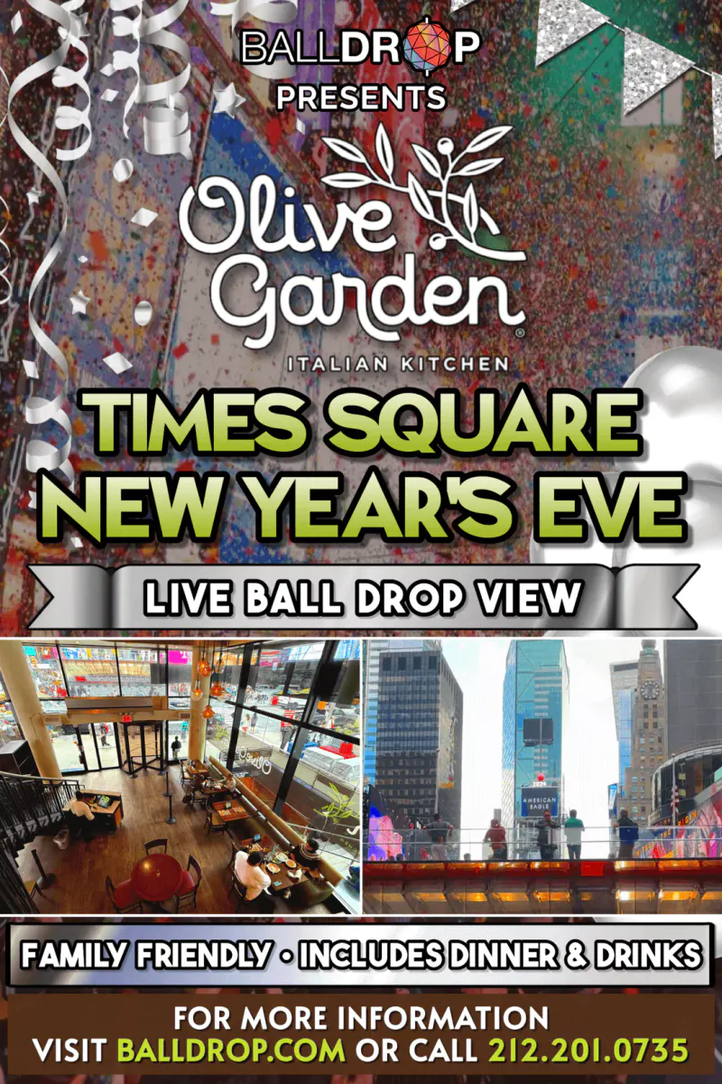Flyer for the Olive Garden Times Square New Year's Eve party with confetti, dining room and Times Square view photos