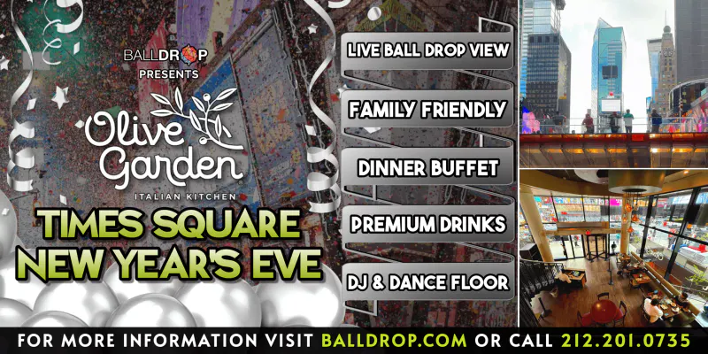 Flyer for Olive Garden Times Square New Year's Eve party with confetti crowd, terrace view and interior dining room photos