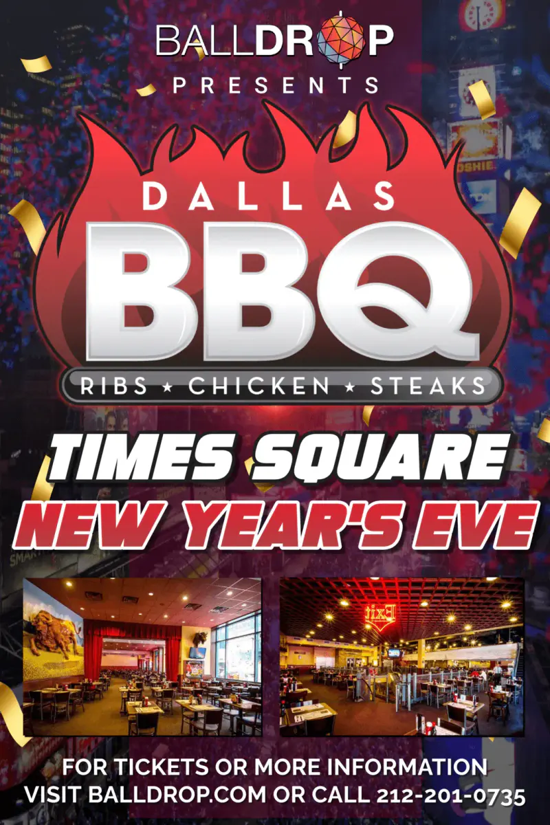 Flyer for Dallas BBQ Times Square New Year's Eve with flame logo, confetti and photos of the restaurant dining rooms