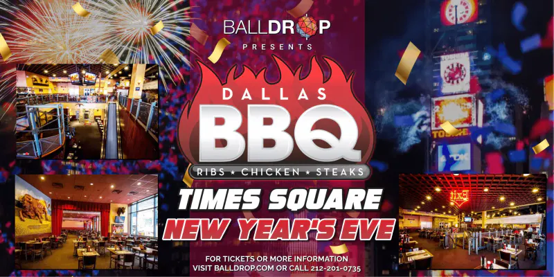 Flyer for Dallas BBQ Times Square New Year's Eve with restaurant dining room photos, fireworks and confetti