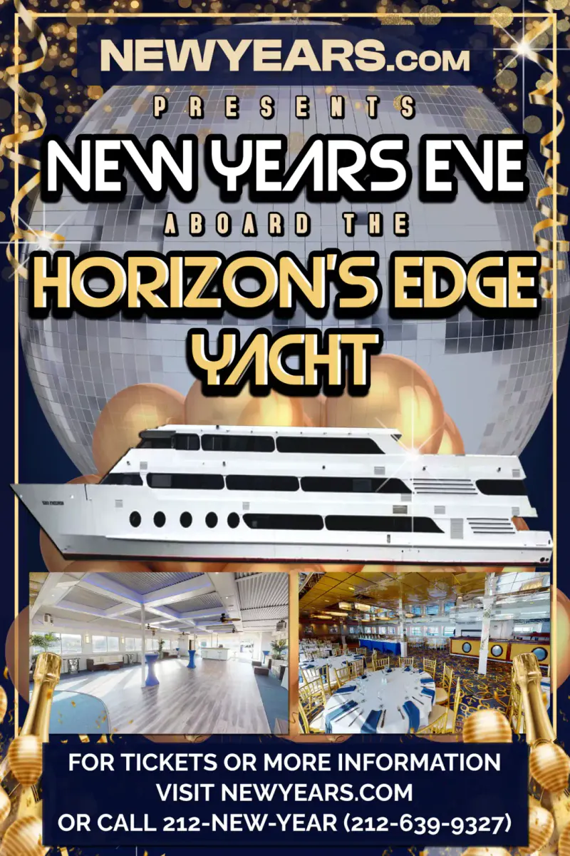 Flyer for the Horizon's Edge Yacht New Year's Eve party with the white yacht, disco ball, balloons and interior deck photos