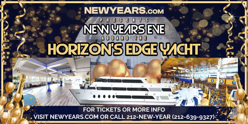 Flyer for the Horizon's Edge Yacht New Year's Eve party with photos of the white yacht and its interior decks