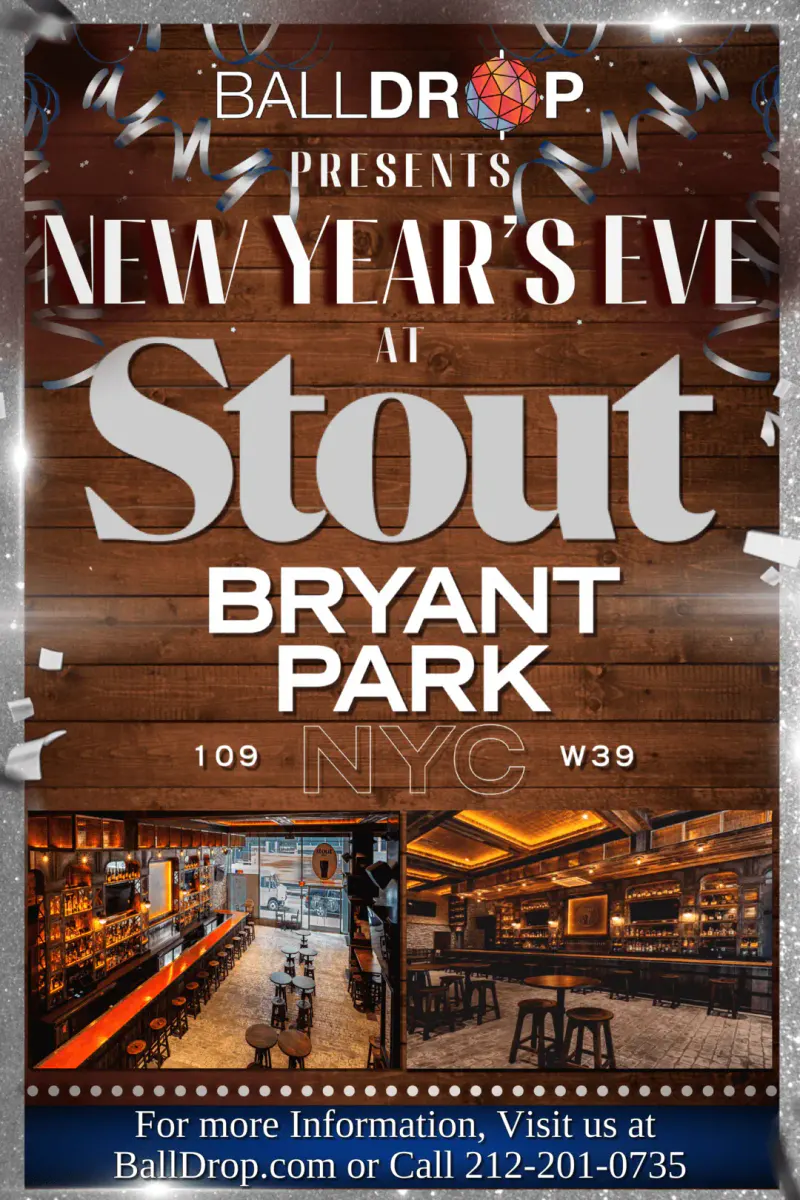 Flyer for New Year's Eve at Stout NYC Bryant Park with wood plank background, confetti and photos of the bar interior
