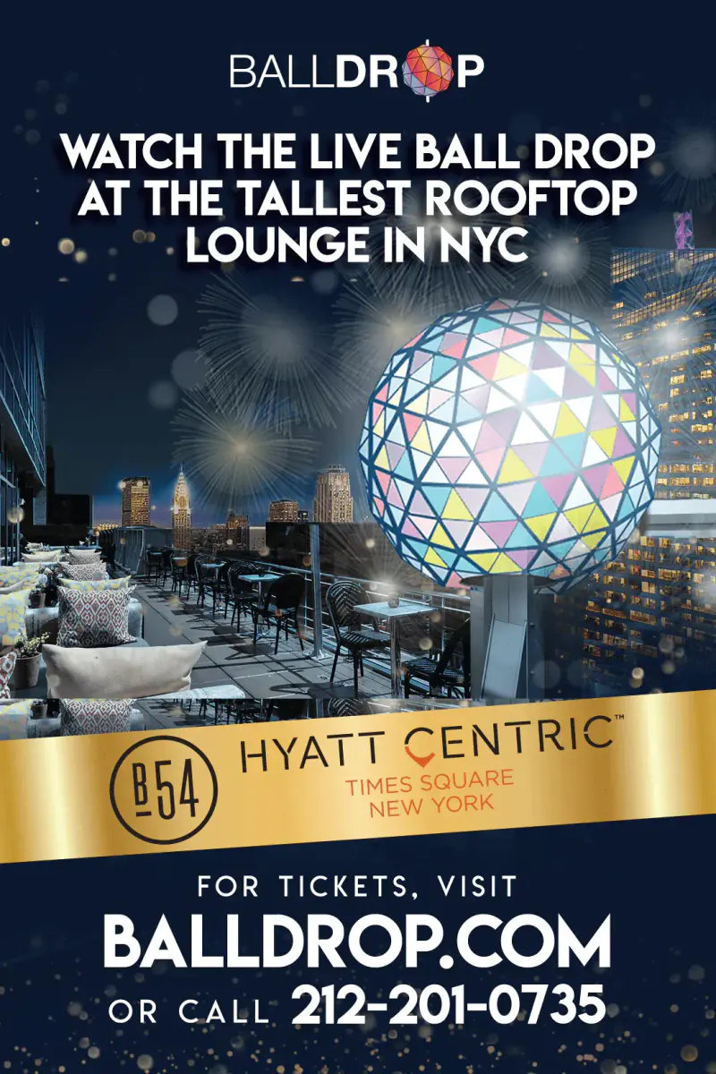 Flyer for the Hyatt Centric Times Square New Year's Eve rooftop party with the Times Square ball and city skyline
